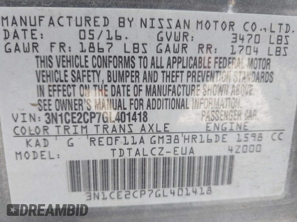 2016 Nissan Note S Plus with VIN 3N1CE2CP7GL401418, listed as a IAAI auction lot 42084763 with 187,268 mi miles and . Bid and sale history available at DreamBid. Image 9.