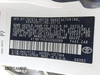 2012 Toyota Camry L with VIN 4T1BF1FK3CU560089, listed as a IAAI auction lot 42161930 with 174,104 mi miles. Bid and sale history available at carsss.com. Image 9.