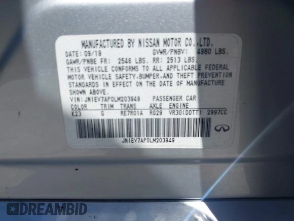 2020 Infiniti Q50 Luxe with VIN JN1EV7AP0LM203949, listed as a IAAI auction lot 42520077 with 57,531 mi miles and . Bid and sale history available at DreamBid. Image 9.