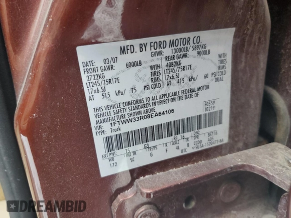 2008 Ford F-350 XL z VIN 1FTWW33R08EA64106, wystawiony jako Copart lot #45463525 z przebiegiem 91 850 mil mil oraz Szkoda całkowita • Salvage title. Historia ofert i sprzedaży dostępna na DreamBid. Obrazek 14.