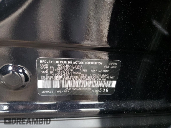 2022 Mitsubishi Eclipse Cross SE z VIN JA4ATWAA0NZ068298, wystawiony jako Copart lot #53016485 z przebiegiem 35 641 mil mil oraz Szkoda całkowita • Salvage title. Historia ofert i sprzedaży dostępna na DreamBid. Obrazek 15.