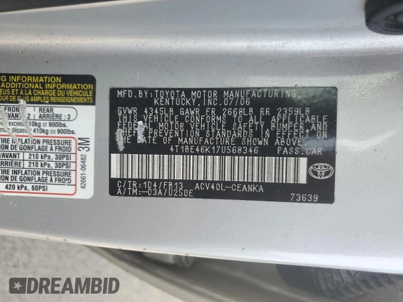 2007 Toyota Camry CE with VIN 4T1BE46K17U568346, listed as a Copart auction lot 54682645 with 219,478 mi miles and Clean Title. Bid and sale history available at DreamBid. Image 12.