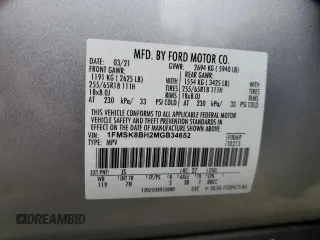 2021 Ford Explorer with VIN 1FMSK8BH2MGB34652, listed as a Copart auction lot 56477995 with 89,981 mi miles and Salvage title. Bid and sale history available at DreamBid. Image 13.