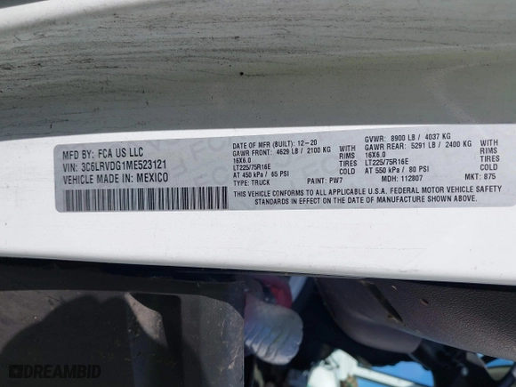 2021 Ram ProMaster Cargo Van with VIN 3C6LRVDG1ME523121, listed as a IAAI auction lot 42076794 with 91,589 mi miles. Bid and sale history available at carsss.com. Image 9.