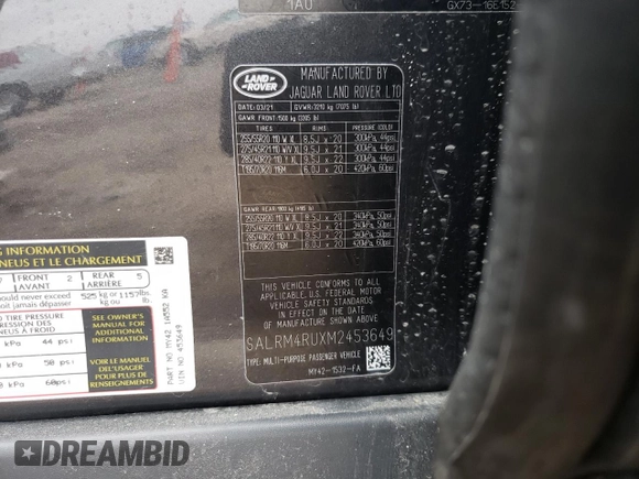 2021 Land Rover Discovery with VIN SALRM4RUXM2453649, listed as a Copart auction lot 43348353 with Not Provided miles and . Bid and sale history available at DreamBid. Image 13.