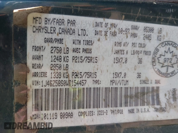 1998 Jeep Grand Cherokee Laredo с VIN 1J4GZ58S0WC154457, выставлен на аукционе IAAI как лот 42533109 с пробегом 214 953 миль миль и . История ставок и продаж доступна на DreamBid. Изображение 9.