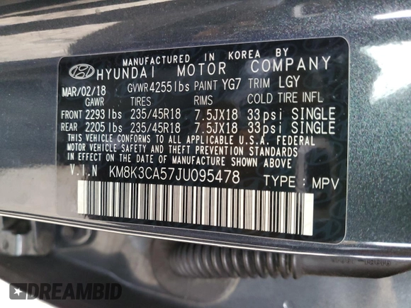 2018 Hyundai Kona Limited with VIN KM8K3CA57JU095478, listed as a Copart auction lot 72388522 with 60,097 mi miles. Bid and sale history available at carsss.com. Image 13.