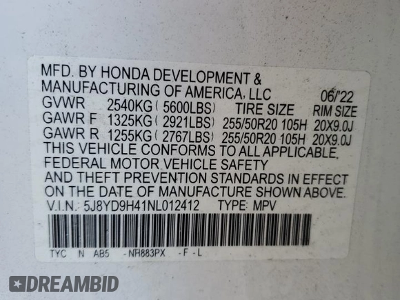 2022 Acura MDX w/Technology Package with VIN 5J8YD9H41NL012412, listed as a Copart auction lot 85909274 with 38,060 mi miles and Non Repairable. Bid and sale history available at carsss.com. Image 13.