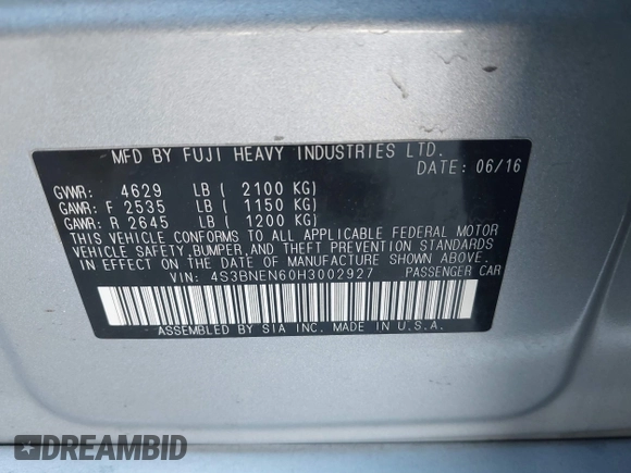 2017 Subaru Legacy Limited with VIN 4S3BNEN60H3002927, listed as a IAAI auction lot 41668578 with 68,647 mi miles. Bid and sale history available at carsss.com. Image 9.