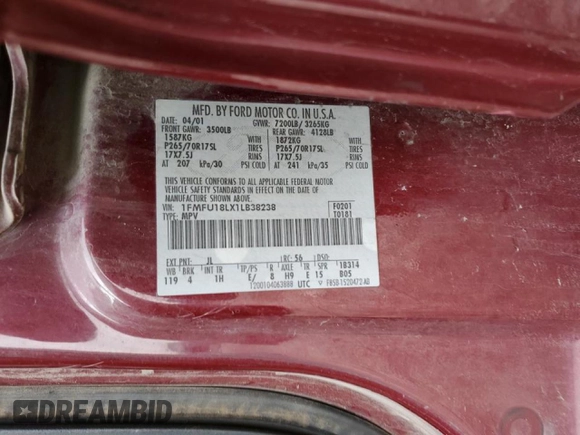 2001 Ford Expedition Eddie Bauer with VIN 1FMFU18LX1LB38238, listed as a Copart auction lot 49727045 with 174,183 mi miles and Salvage title. Bid and sale history available at DreamBid. Image 13.