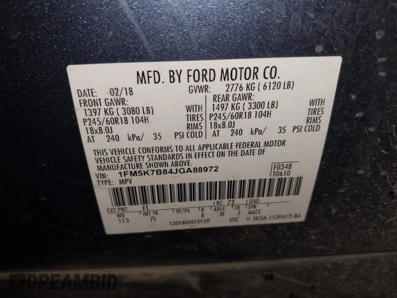 2018 Ford Explorer z VIN 1FM5K7B84JGA88972, wystawiony jako IAAI lot #42737366 z przebiegiem 162 115 mil mil oraz . Historia ofert i sprzedaży dostępna na DreamBid. Obrazek 9.
