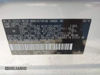 2012 Toyota RAV4 Limited с VIN 2T3YK4DVXCW014742, выставлен на аукционе IAAI как лот 41728713 с пробегом Не указан миль и . История ставок и продаж доступна на DreamBid. Изображение 9.