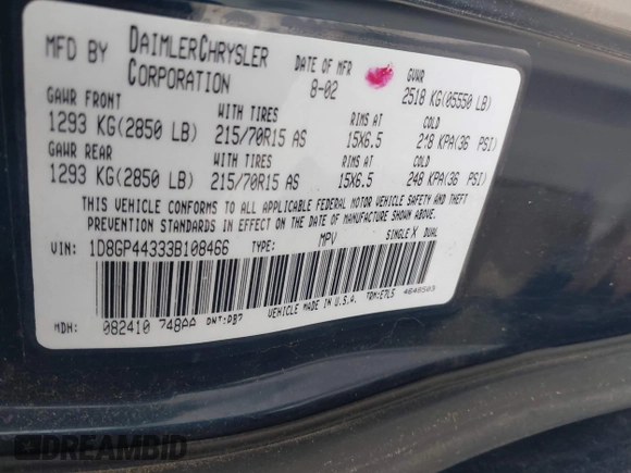 2003 Dodge Grand Caravan with VIN 1D8GP44333B108466, listed as a IAAI auction lot 41905684 with 153,464 mi miles and . Bid and sale history available at DreamBid. Image 9.