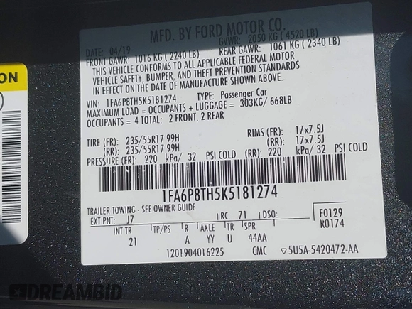 2019 Ford Mustang EcoBoost with VIN 1FA6P8TH5K5181274, listed as a IAAI auction lot 42719275 with 91,605 mi miles and . Bid and sale history available at DreamBid. Image 9.