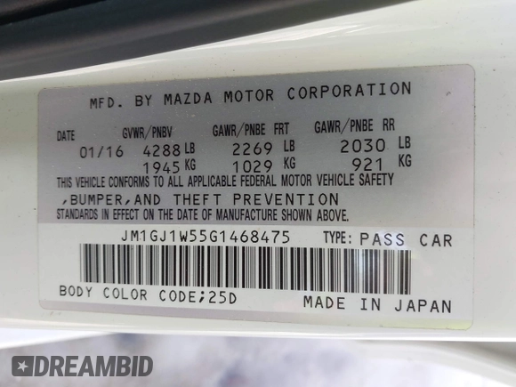 2016 Mazda 6 i Grand Touring с VIN JM1GJ1W55G1468475, выставлен на аукционе IAAI как лот 41651004 с пробегом 31 332 миль миль и . История ставок и продаж доступна на DreamBid. Изображение 9.