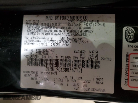 2011 Lincoln MKZ with VIN 3LNHL2GC3BR767121, listed as a Copart auction lot 55437855 with 102,520 mi miles and Salvage Title. Bid and sale history available at DreamBid. Image 12.