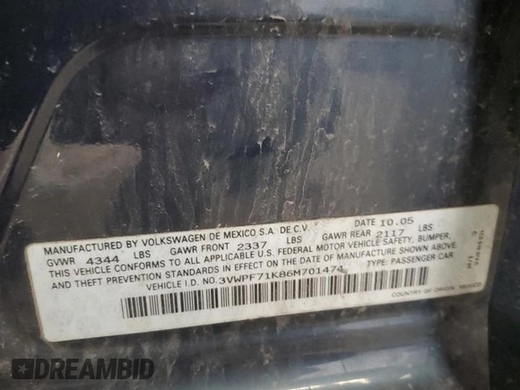 2006 Volkswagen Jetta Value Edition with VIN 3VWPF71K86M701474, listed as a Copart auction lot 53241755 with 158,931 mi miles and Salvage title. Bid and sale history available at DreamBid. Image 12.