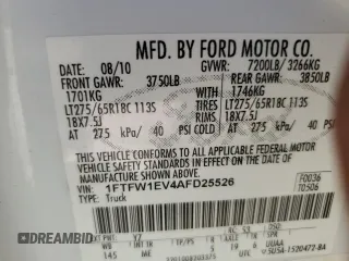 2010 Ford F-150 XL with VIN 1FTFW1EV4AFD25526, listed as a Copart auction lot 58561145 with 275,719 mi miles and Salvage title. Bid and sale history available at DreamBid. Image 12.