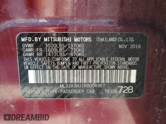 2019 Mitsubishi Mirage ES z VIN ML32A3HJ1KH004957, wystawiony jako Copart lot #53801775 z przebiegiem 56 068 mil mil oraz Szkoda całkowita • Salvage title. Historia ofert i sprzedaży dostępna na DreamBid. Obrazek 12.