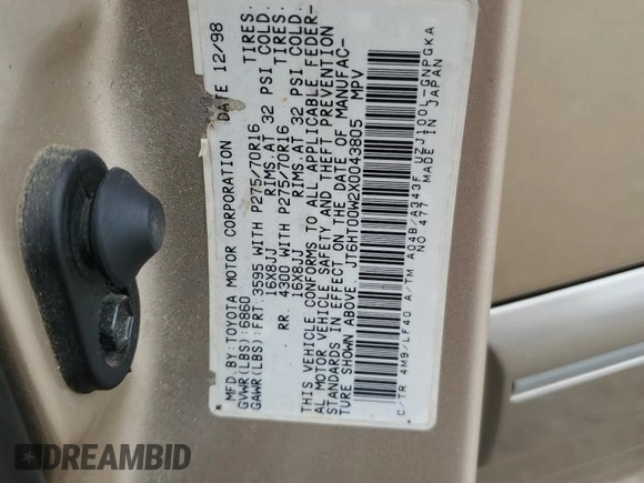 1999 Lexus LX 470 with VIN JT6HT00W2X0043805, listed as a Copart auction lot 54496735 with 520,244 mi miles and Clean Title. Bid and sale history available at DreamBid. Image 13.