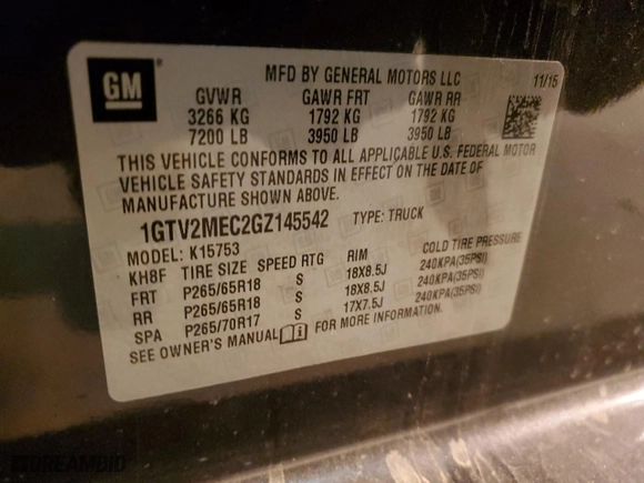 2016 GMC Sierra 1500 SLE with VIN 1GTV2MEC2GZ145542, listed as a Copart auction lot 45986715 with 0 mi miles and Salvage Title. Bid and sale history available at carsss.com. Image 14.