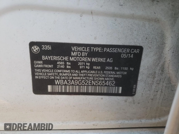 2014 BMW 3 Series 335i with VIN WBA3A9G52ENS65462, listed as a Copart auction lot 86523644 with 158,824 mi miles and Salvage Title. Bid and sale history available at carsss.com. Image 14.