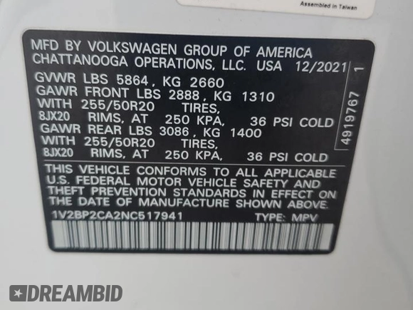 2022 Volkswagen Atlas SEL with VIN 1V2BP2CA2NC517941, listed as a Copart auction lot 80081904 with 51,766 mi miles and Salvage title. Bid and sale history available at DreamBid. Image 15.