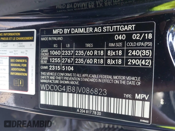 2018 Mercedes-Benz GLC 300 with VIN WDC0G4JB8JV086823, listed as a IAAI auction lot 42338203 with 114,000 mi miles and . Bid and sale history available at DreamBid. Image 9.