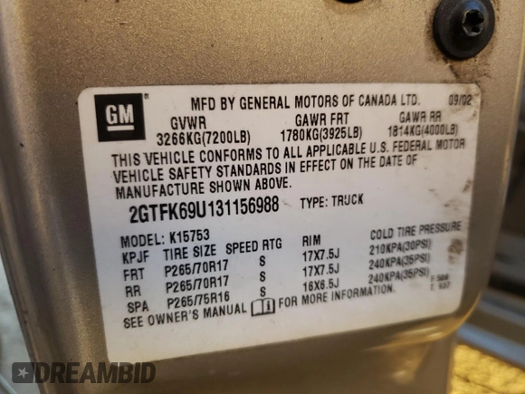 2003 GMC Sierra Denali z VIN 2GTFK69U131156988, wystawiony jako Copart lot #41906924 z przebiegiem Nie podano mil oraz Szkody całkowita. Historia ofert i sprzedaży dostępna na DreamBid. Obrazek 13.