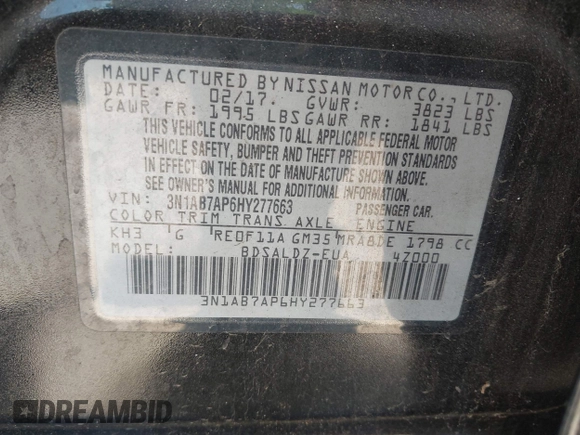 2017 Nissan Sentra SV with VIN 3N1AB7AP6HY277663, listed as a IAAI auction lot 42517458 with 70,413 mi miles and . Bid and sale history available at DreamBid. Image 9.