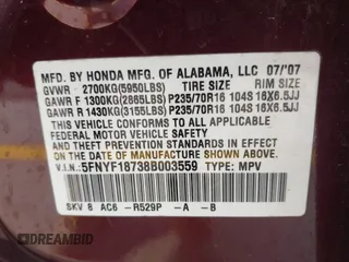 2008 Honda Pilot EX-L z VIN 5FNYF18738B003559, wystawiony jako IAAI lot #42236715 z przebiegiem 218 404 mil mil oraz . Historia ofert i sprzedaży dostępna na DreamBid. Obrazek 9.