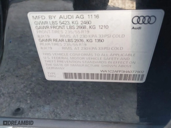 2017 Audi Q5 Premium with VIN WA1C2AFP3HA077902, listed as a IAAI auction lot 41402389 with 69,738 mi miles. Bid and sale history available at carsss.com. Image 9.