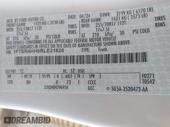 2024 Ford Ranger XLT with VIN 1FTER4HH8RLE21828, listed as a IAAI auction lot 42205087 with 61,159 mi miles and . Bid and sale history available at DreamBid. Image 9.