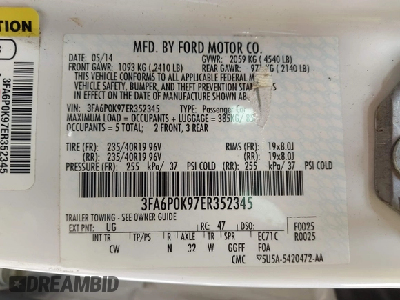 2014 Ford Fusion Titanium с VIN 3FA6P0K97ER352345, выставлен на аукционе IAAI как лот 42370970 с пробегом 182 895 миль миль и . История ставок и продаж доступна на DreamBid. Изображение 9.