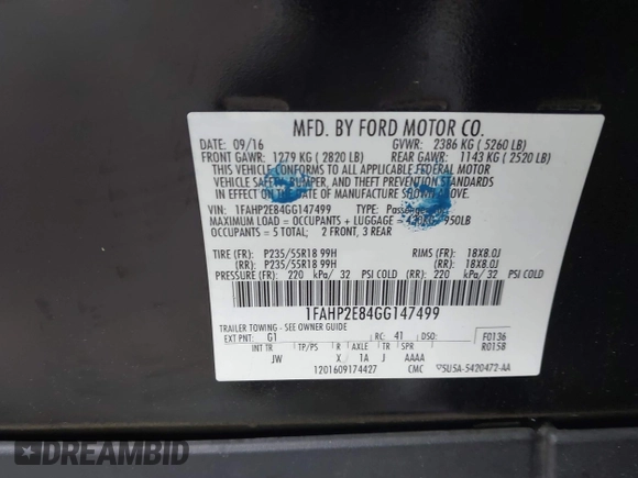 2016 Ford Taurus SEL with VIN 1FAHP2E84GG147499, listed as a IAAI auction lot 41778579 with 83,789 mi miles and . Bid and sale history available at DreamBid. Image 9.