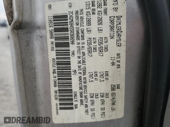2005 Chrysler Pacifica Touring with VIN 2C4GM68455R360200, listed as a Copart auction lot 87749395 with 253,495 mi miles and Salvage Title. Bid and sale history available at DreamBid. Image 13.