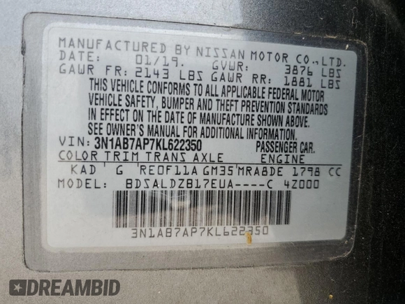 2019 Nissan Sentra SV with VIN 3N1AB7AP7KL622350, listed as a Copart auction lot 53749395 with 69,131 mi miles and Salvage Title. Bid and sale history available at DreamBid. Image 12.