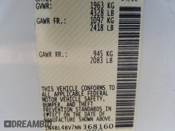 2022 Nissan Altima 2.5 S with VIN 1N4BL4BV7NN368160, listed as a Copart auction lot 45410615 with 55,139 mi miles and Non Repairable. Bid and sale history available at carsss.com. Image 14.