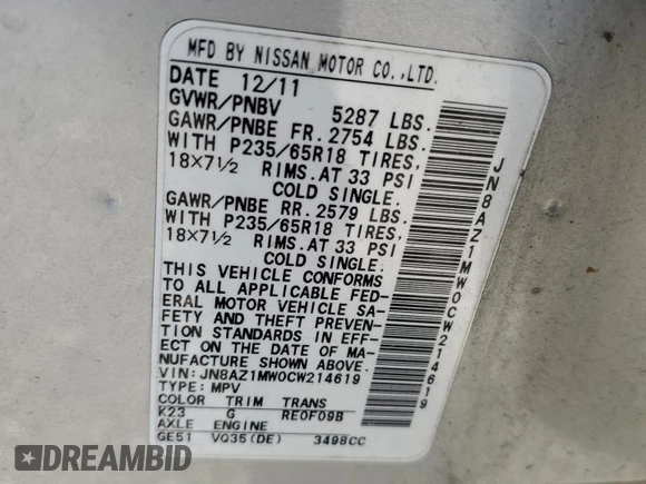 2012 Nissan Murano SL with VIN JN8AZ1MW0CW214619, listed as a Copart auction lot 74514164 with 0 mi miles and Salvage Title. Bid and sale history available at carsss.com. Image 13.