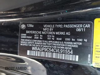 2012 BMW 1 Series 128i with VIN WBAUP9C54CVL91554, listed as a IAAI auction lot 41960036 with 111,434 mi miles and . Bid and sale history available at DreamBid. Image 9.