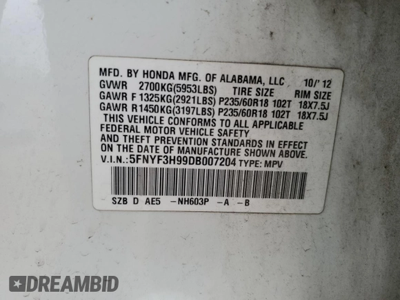 2013 Honda Pilot Touring with VIN 5FNYF3H99DB007204, listed as a Copart auction lot 56891095 with 151,709 mi miles and Salvage title. Bid and sale history available at DreamBid. Image 13.
