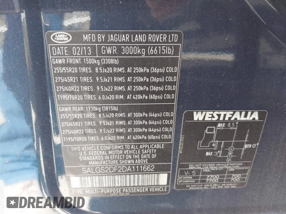 2013 Land Rover Range Rover HSE z VIN SALGS2DF2DA111662, wystawiony jako IAAI lot #41806393 z przebiegiem 167 259 mil mil oraz . Historia ofert i sprzedaży dostępna na DreamBid. Obrazek 9.