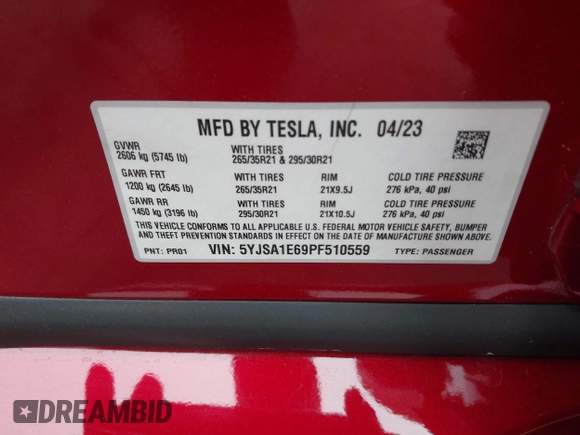 2023 Tesla Model S Plaid с VIN 5YJSA1E69PF510559, выставлен на аукционе IAAI как лот 42164885 с пробегом 28 200 миль миль и . История ставок и продаж доступна на DreamBid. Изображение 9.