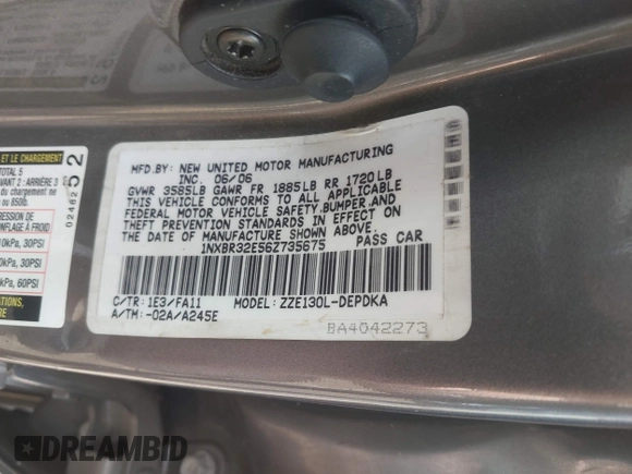 2006 Toyota Corolla CE with VIN 1NXBR32E56Z735675, listed as a IAAI auction lot 42669968 with 188,306 mi miles and . Bid and sale history available at DreamBid. Image 9.