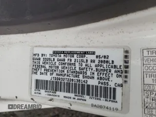 2002 Toyota Celica GT with VIN JTDDR32T220138142, listed as a Copart auction lot 49143375 with 222,464 mi miles and Salvage Title. Bid and sale history available at carsss.com. Image 12.