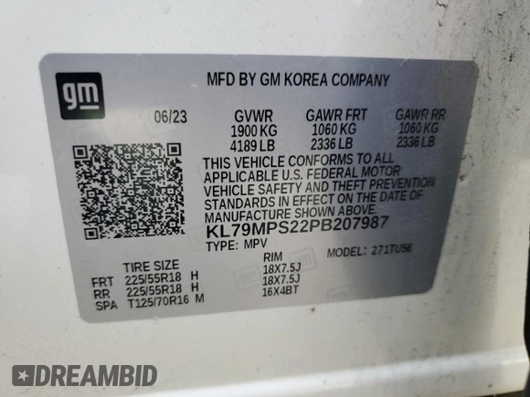2023 Chevrolet TrailBlazer LT with VIN KL79MPS22PB207987, listed as a Copart auction lot 54450735 with 59,904 mi miles and Clean Title. Bid and sale history available at DreamBid. Image 13.