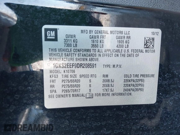 2013 GMC Yukon Denali with VIN 1GKS2EEF9DR208591, listed as a IAAI auction lot 41802138 with 160,371 mi miles. Bid and sale history available at carsss.com. Image 9.