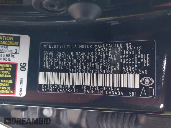 2015 Toyota Corolla L with VIN 2T1BURHE1FC420950, listed as a IAAI auction lot 41837213 with 55,918 mi miles and . Bid and sale history available at DreamBid. Image 9.