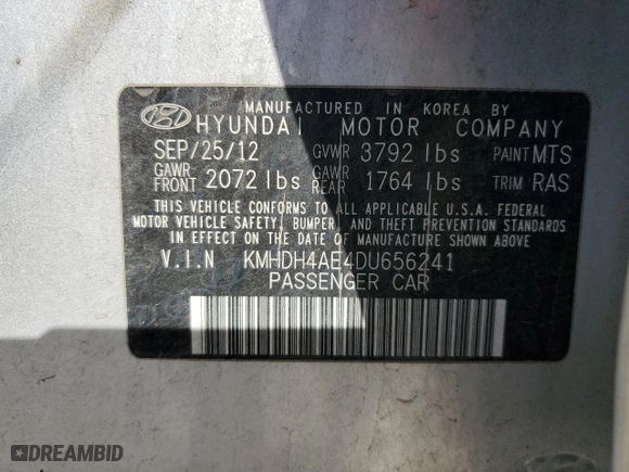 2013 Hyundai Elantra GLS PZEV with VIN KMHDH4AE4DU656241, listed as a Copart auction lot 52480305 with 125,798 mi miles and Salvage Title. Bid and sale history available at carsss.com. Image 12.