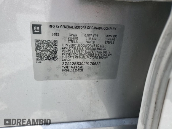 2018 Chevrolet Impala Premier с VIN 2G1125S30J9170622, выставлен на аукционе Copart как лот 54883925 с пробегом 141 802 миль миль и Списание • Salvage title. История ставок и продаж доступна на DreamBid. Изображение 12.